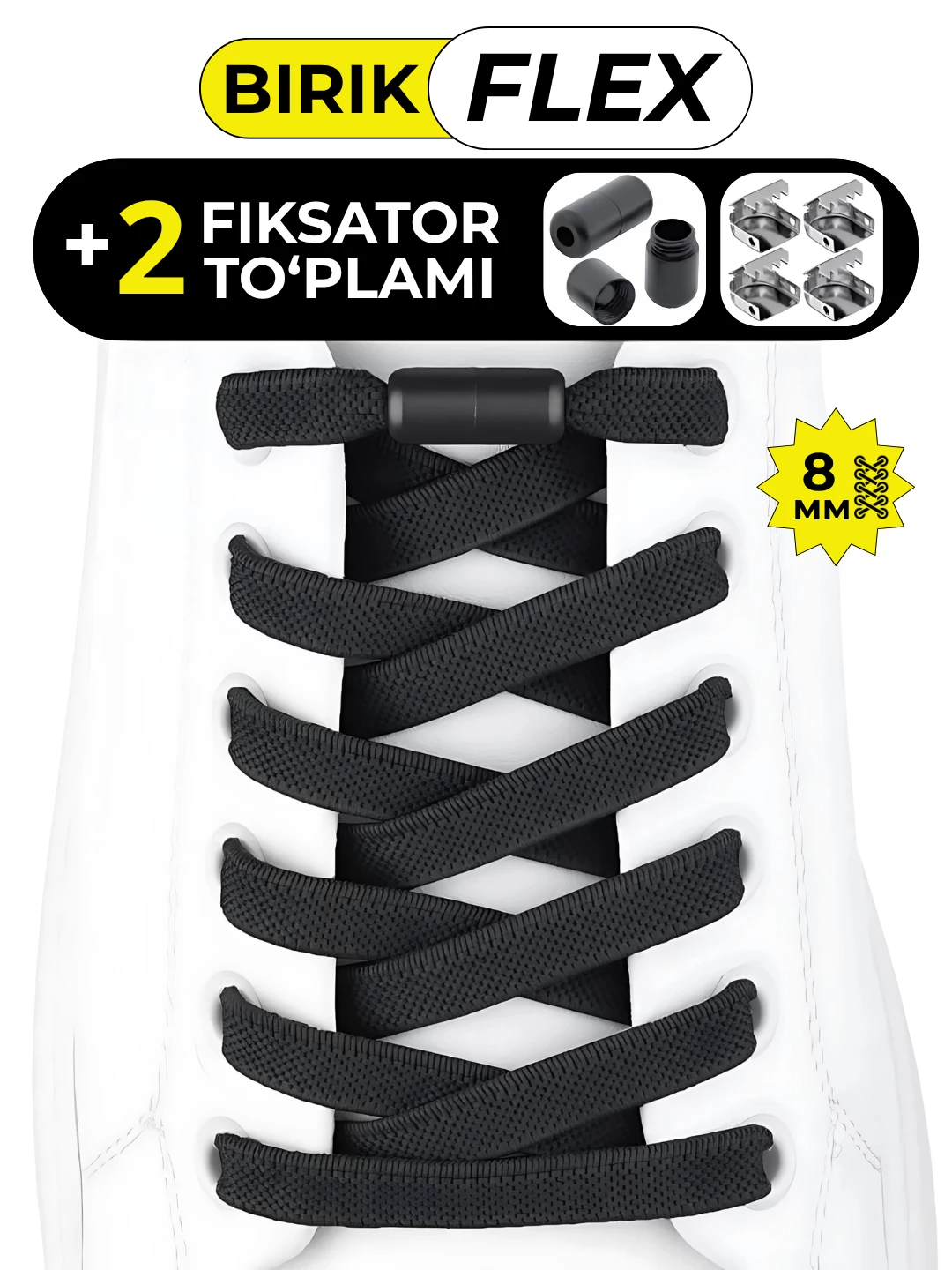 FLEX-QORA-1 BIRIK FLEX elastik bog‘ichsiz shnurlar, 8 mm, fiksatorli - Image 1